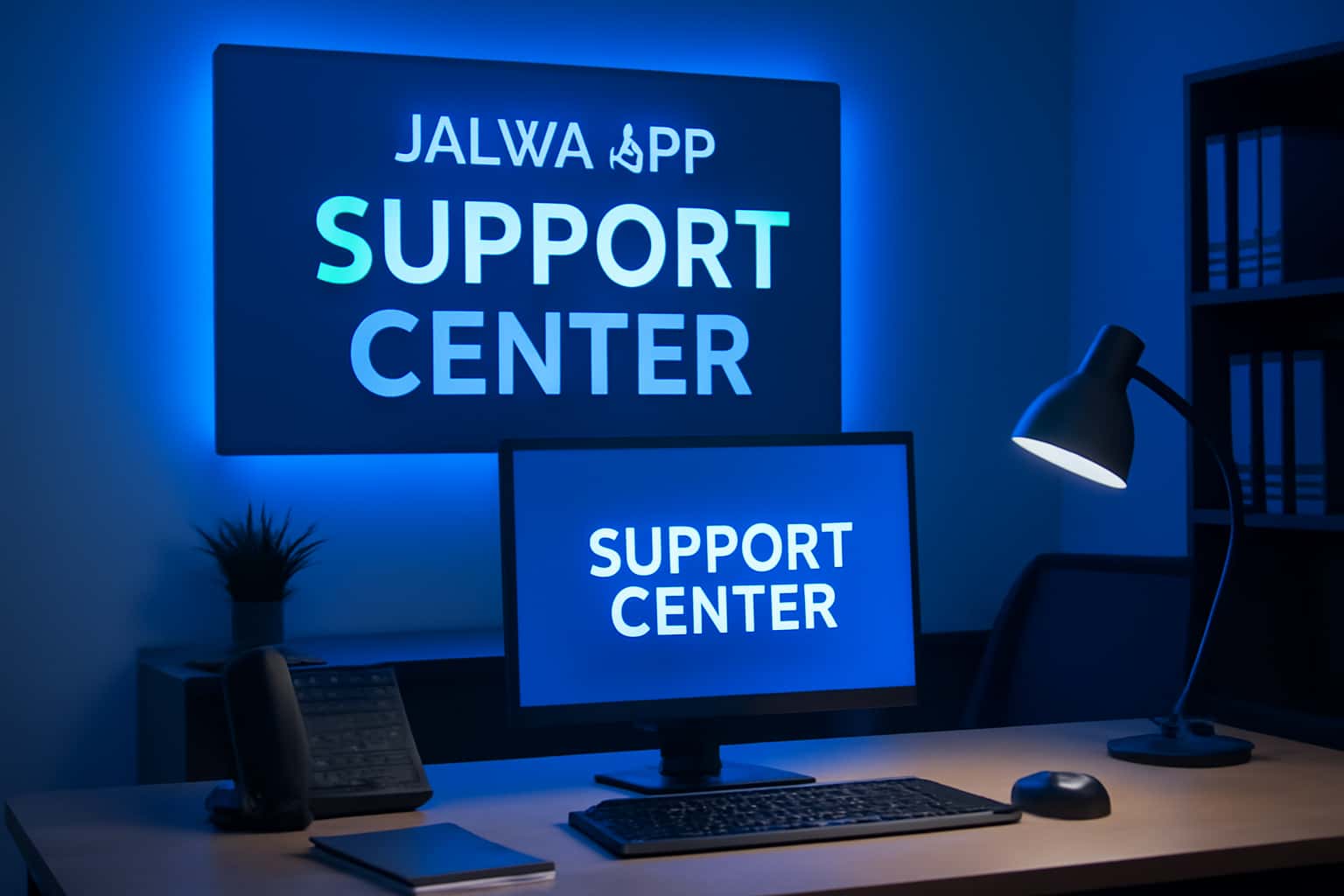 A professional informational scene representing the Jalwa App Support Center with highlighted text.