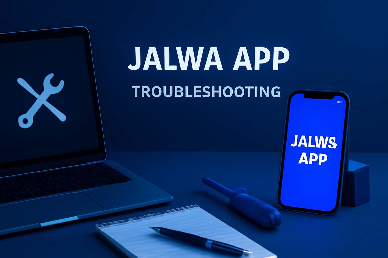 An informational graphic depicting the Jalwa App troubleshooting process with blue lighting accents.